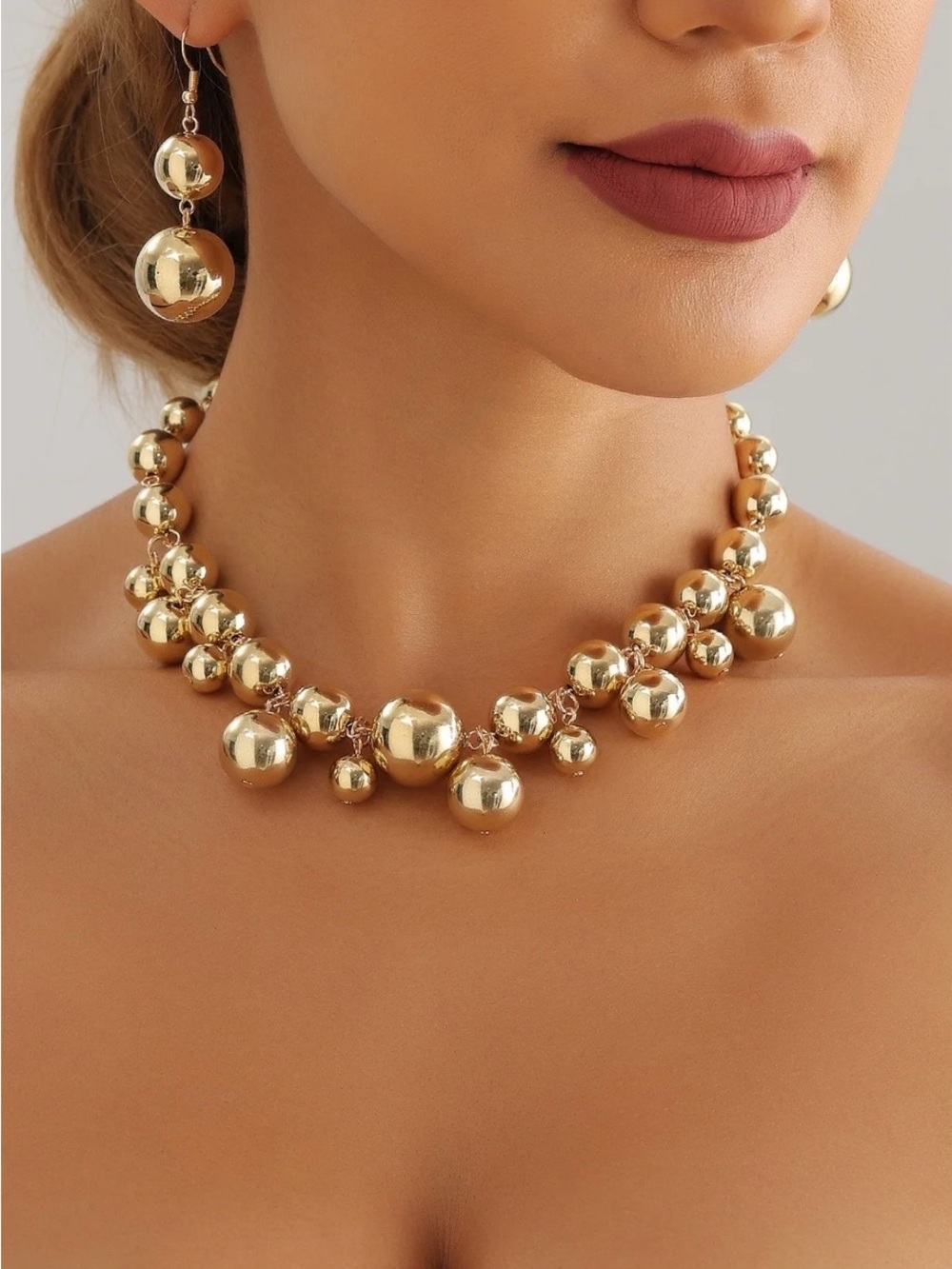 Gold Bead Statement Necklace and Earring Set - NWOT